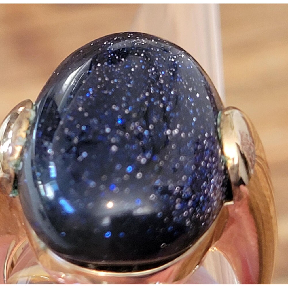 Gold‑Plated Sterling Silver Blue Goldstone Ring – Galaxy Statement Ring, Size 5